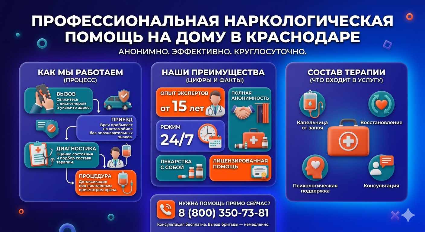 Инфографика о принципах лечения алкоголизма на дому в Снежногорске: этапы вызова нарколога, преимущества анонимной детоксикации и состав медицинской помощи.